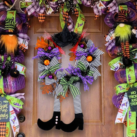 Halloween Decoration Witch Hat Long Legs Pumpkin Wreath Door Hanging Haunted House Horror Wreath Decorative Pendant Props